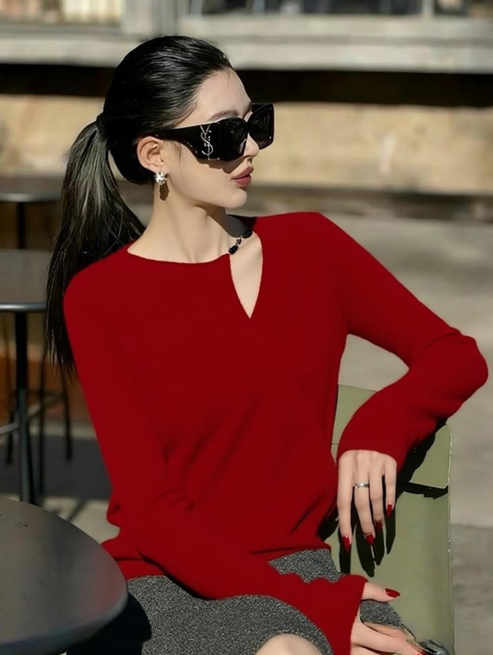 2025秋季高级感慵懒风独特别致T恤设计感小众不撞款红色针织衫女