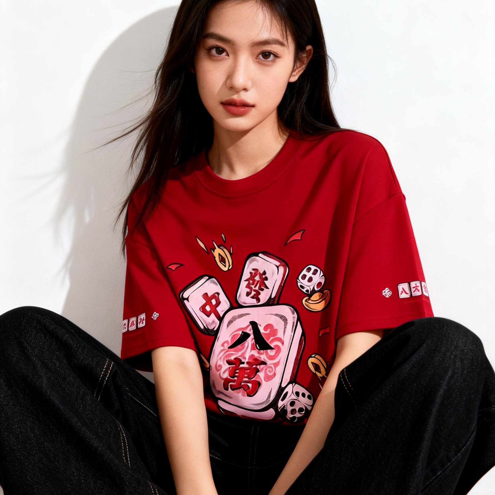 短袖常规磨毛字母常规款印花T恤休闲春夏打底圆领上衣红色系穿搭