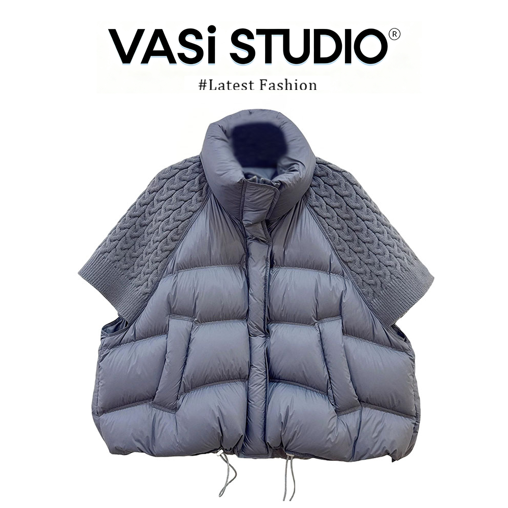 VASI灰色针织袖拼接马甲高领短款复古风抽绳收腰秋冬保暖叠穿外套