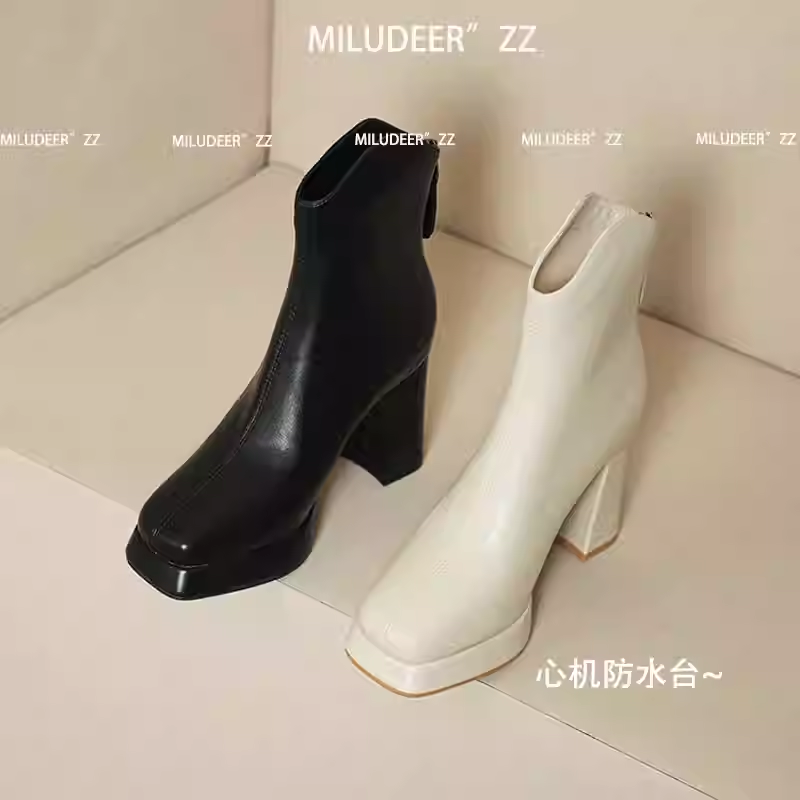 白色瘦瘦马丁靴炸街增高小短靴粗跟高跟厚底防水台秋冬切尔西靴女