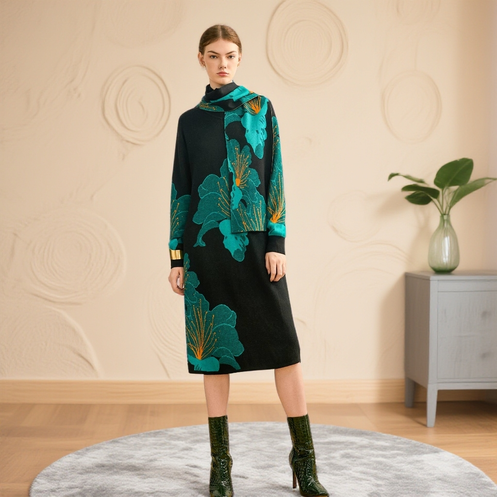 妈妈羊毛针织早秋连衣裙毛衣慵懒风V领配围巾黑色印花长袖连衣裙