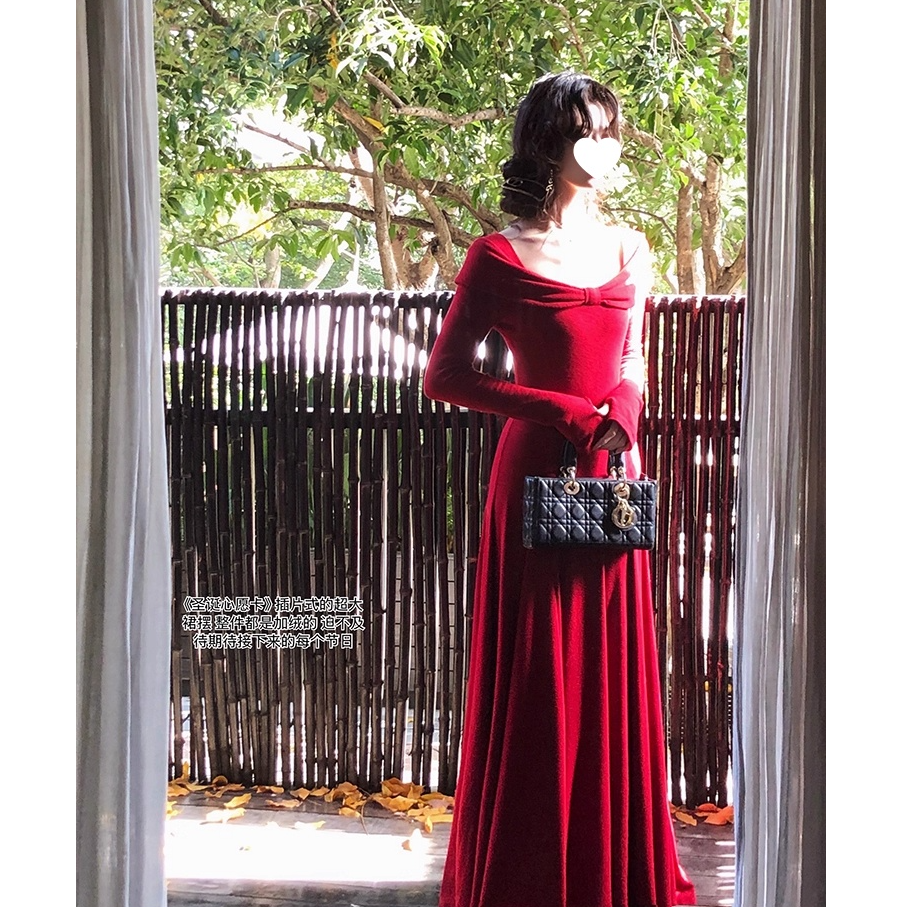 圣诞心愿卡 插片式超大裙摆整件加绒法式蝴蝶结针织连衣裙套装