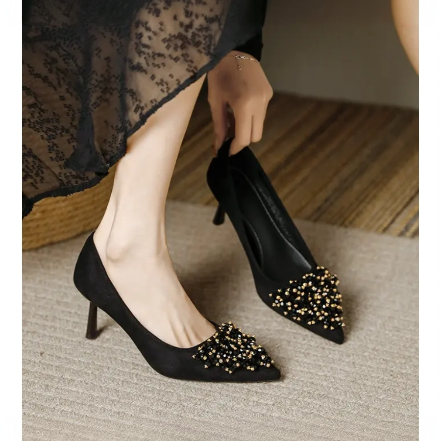 满天星水钻高跟鞋2025秋季新款百搭尖头通勤职业气质配裙子单鞋女