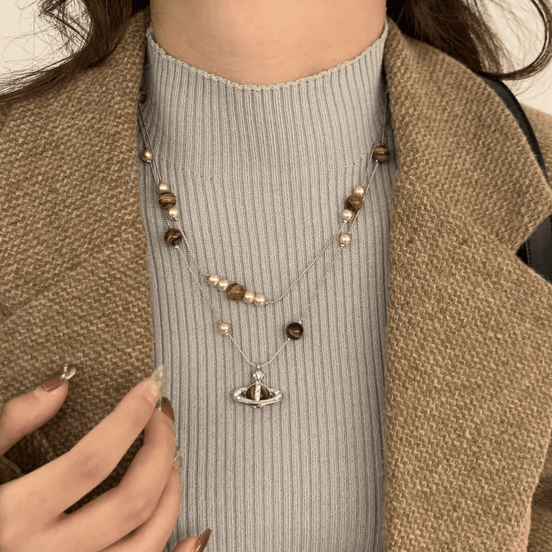 铜合金项链 秋冬双层叠戴星球串珠毛衣链女款长款高级感项链配饰