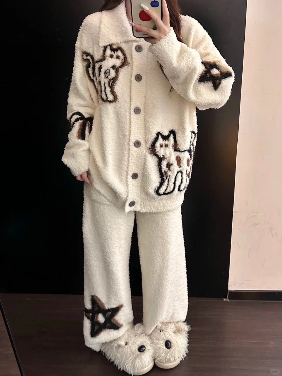 甜美黑白针织半边绒情侣睡衣女秋冬新款加绒加厚家居服套装可外穿