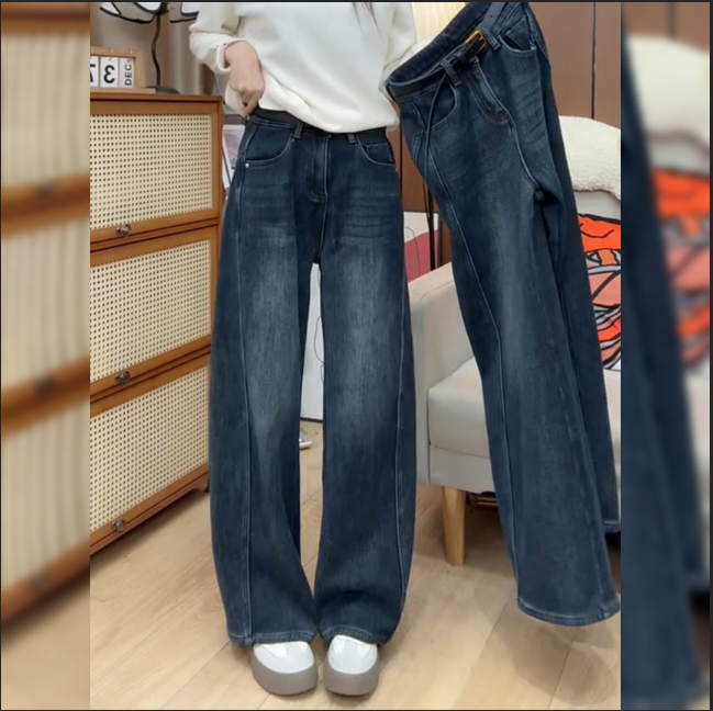 大码梨形高腰宽松显瘦直筒牛仔裤秋冬爆款弹力百搭加绒加厚弯刀裤