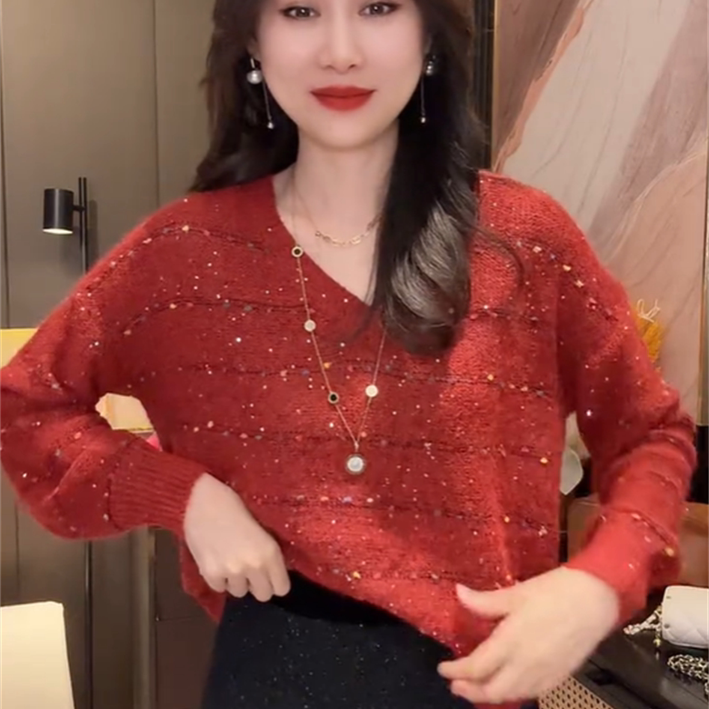 慵懒风V领重工亮片毛衣针织衫2025秋冬新款百搭软糯宽松显瘦上衣