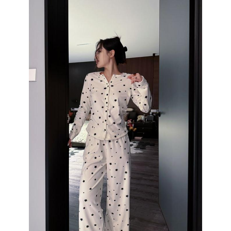 显气质星星印花德绒睡衣女2025春秋款柔软舒适可外穿家居服套装