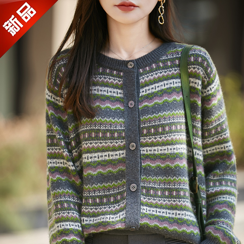 品牌专柜正品网红炸街女简约百搭条纹韩系时尚复古气质圆领开衫女