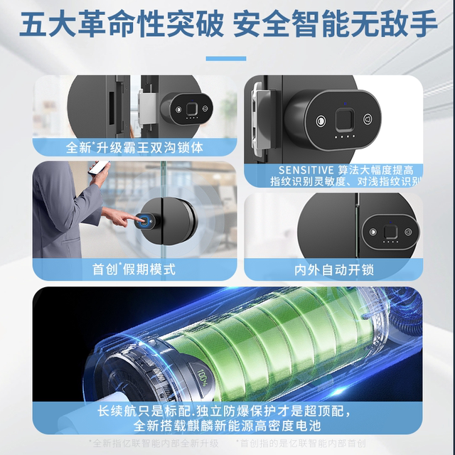 玻璃门锁免开孔密码指纹锁办公室专用无框双开推拉门锁智能电子锁