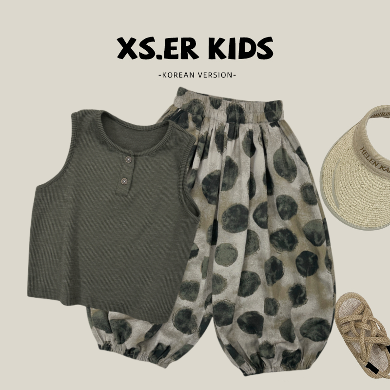 儿童夏款套装复古森系纯色背心裤子满印圆点防蚊裤夏季休闲两件套