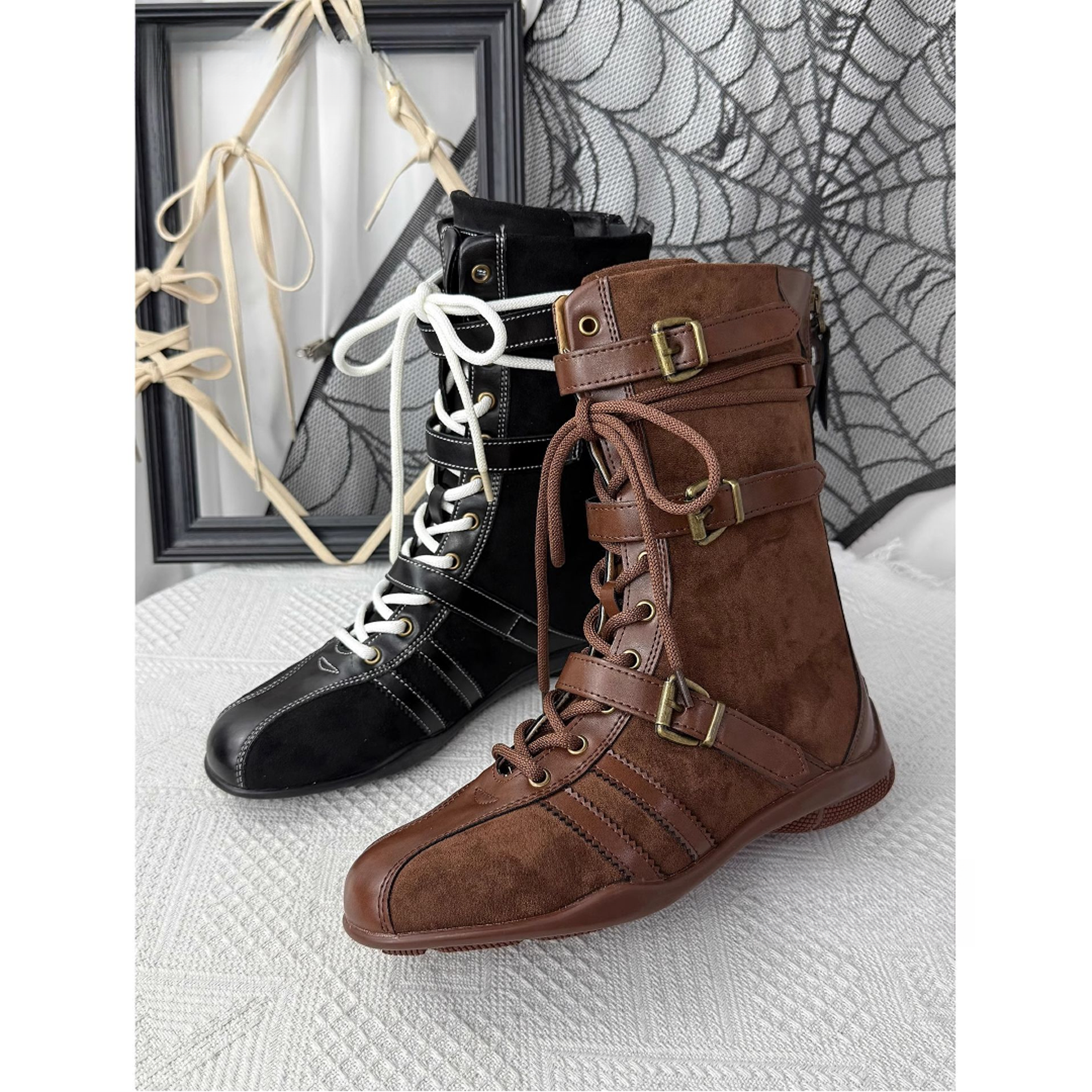 内增高厚底拳击靴女升级版猎鸭靴皮带扣设计短靴马丁靴时尚百搭