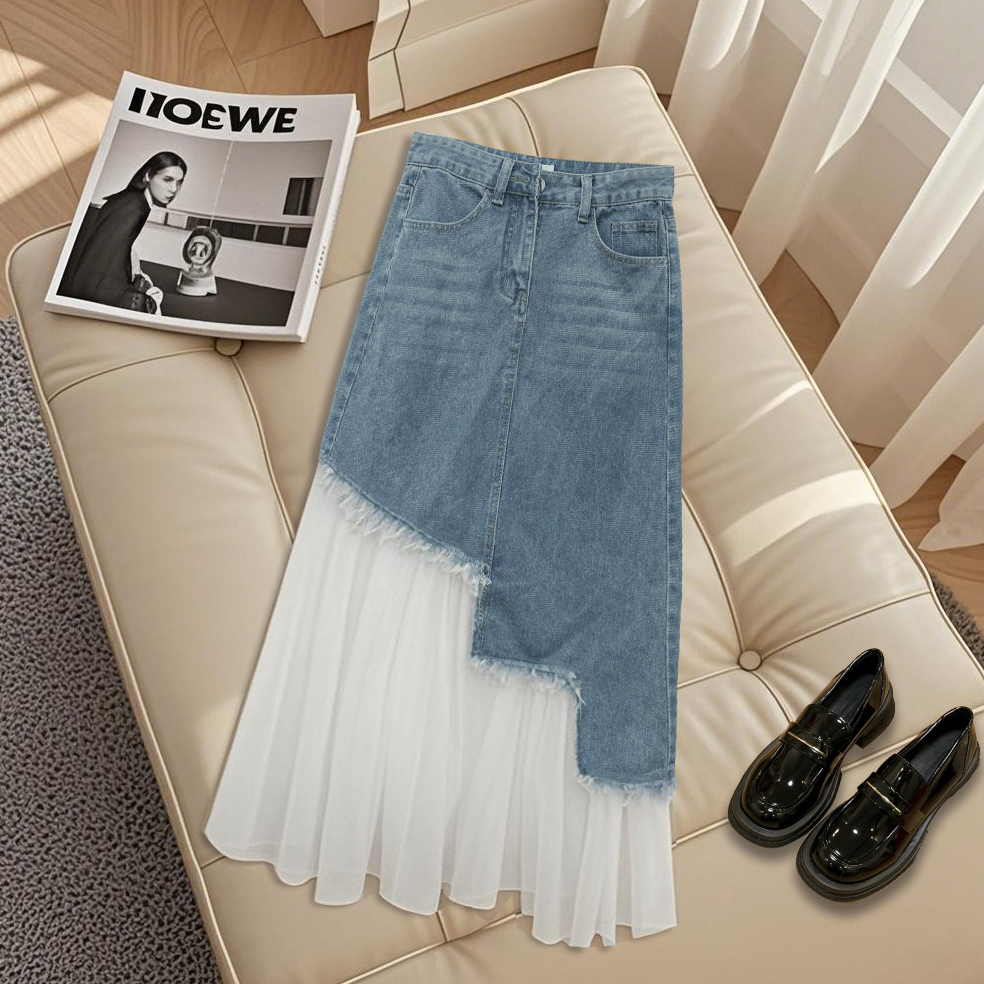 2025夏季爆款女多巴胺穿搭蓝色拼接a字裙设计感气质牛仔半身裙子