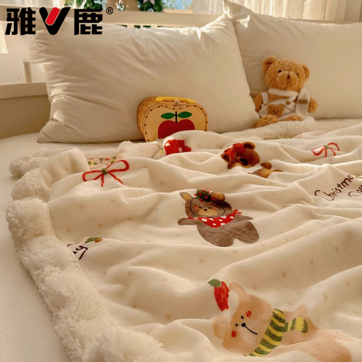 雅鹿圣诞猫咪珊瑚绒毛毯秋冬季加厚办公室午睡小毯子儿童沙发盖毯