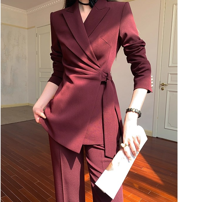 大码时尚安可拉红西装套装女秋季新款胖mm时尚减龄气质系带小西服