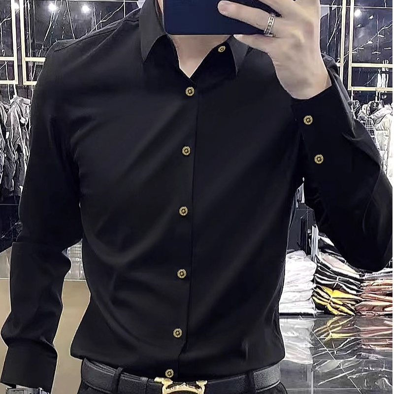 高端免烫垂感衬衫长袖男士休闲修身秋季高级感弹力商务黑色衬衣潮