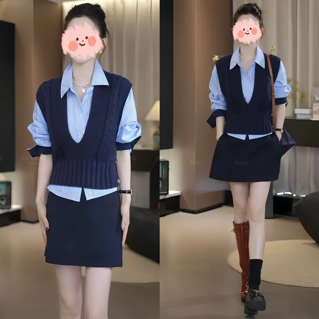 2025早秋新款针织背心马甲学院风休闲条纹衬衫百搭舒适裙裤套装女