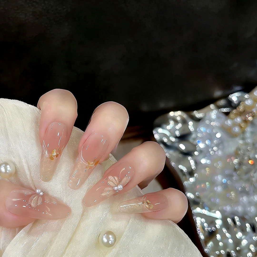 【奶油山茶】秋冬显白中长款穿戴甲山茶花法式显白裸色美甲穿戴甲片