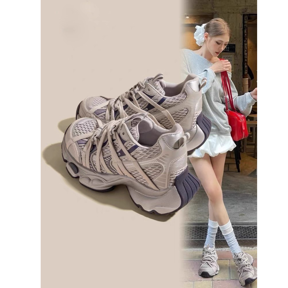 9cm内增高老爹鞋女2025新款夏季厚底轻便绑带网面透气休闲运动鞋