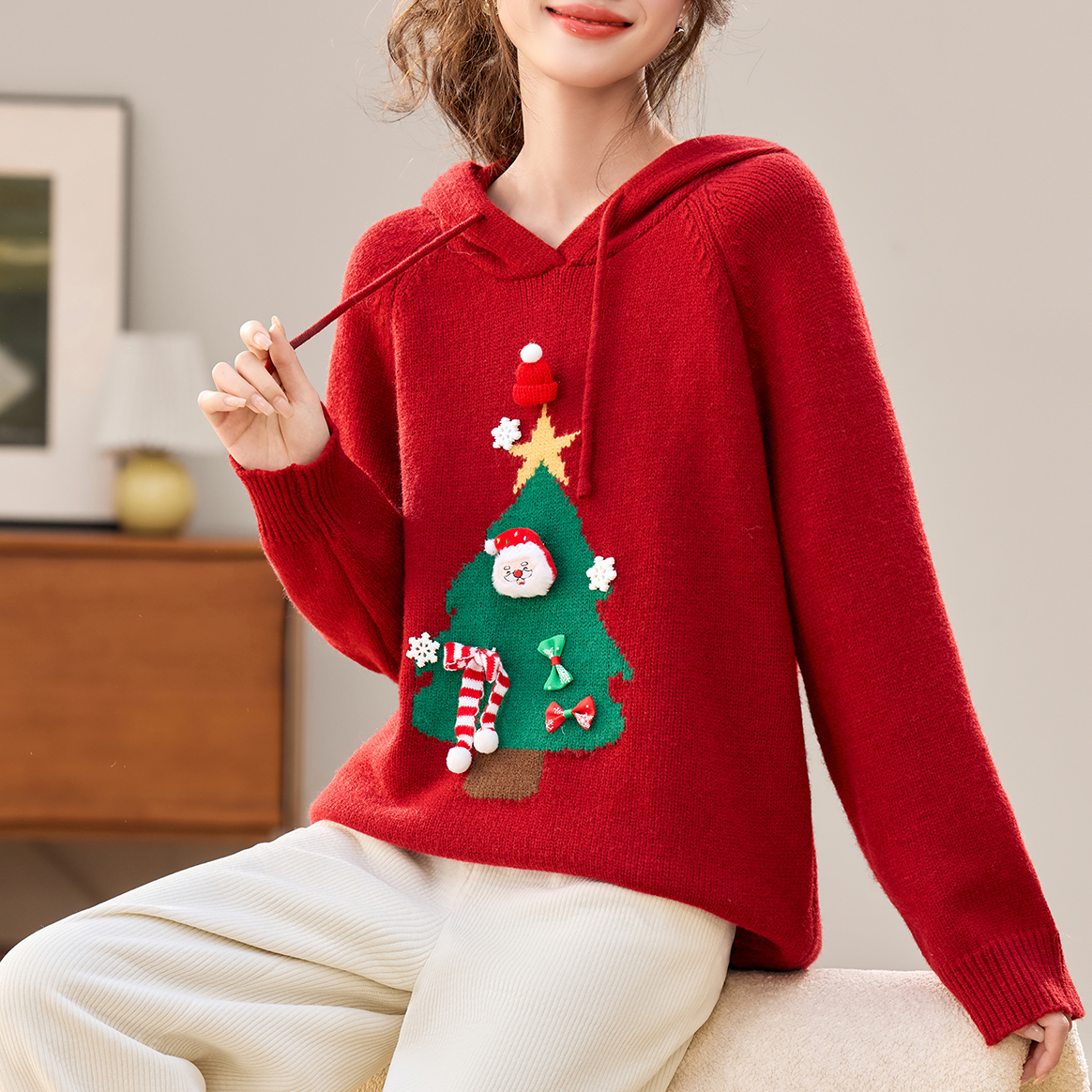 鄂尔斯市圣诞红色慵懒风毛衣秋冬爆款连帽羊毛衫加厚宽松打底衫女