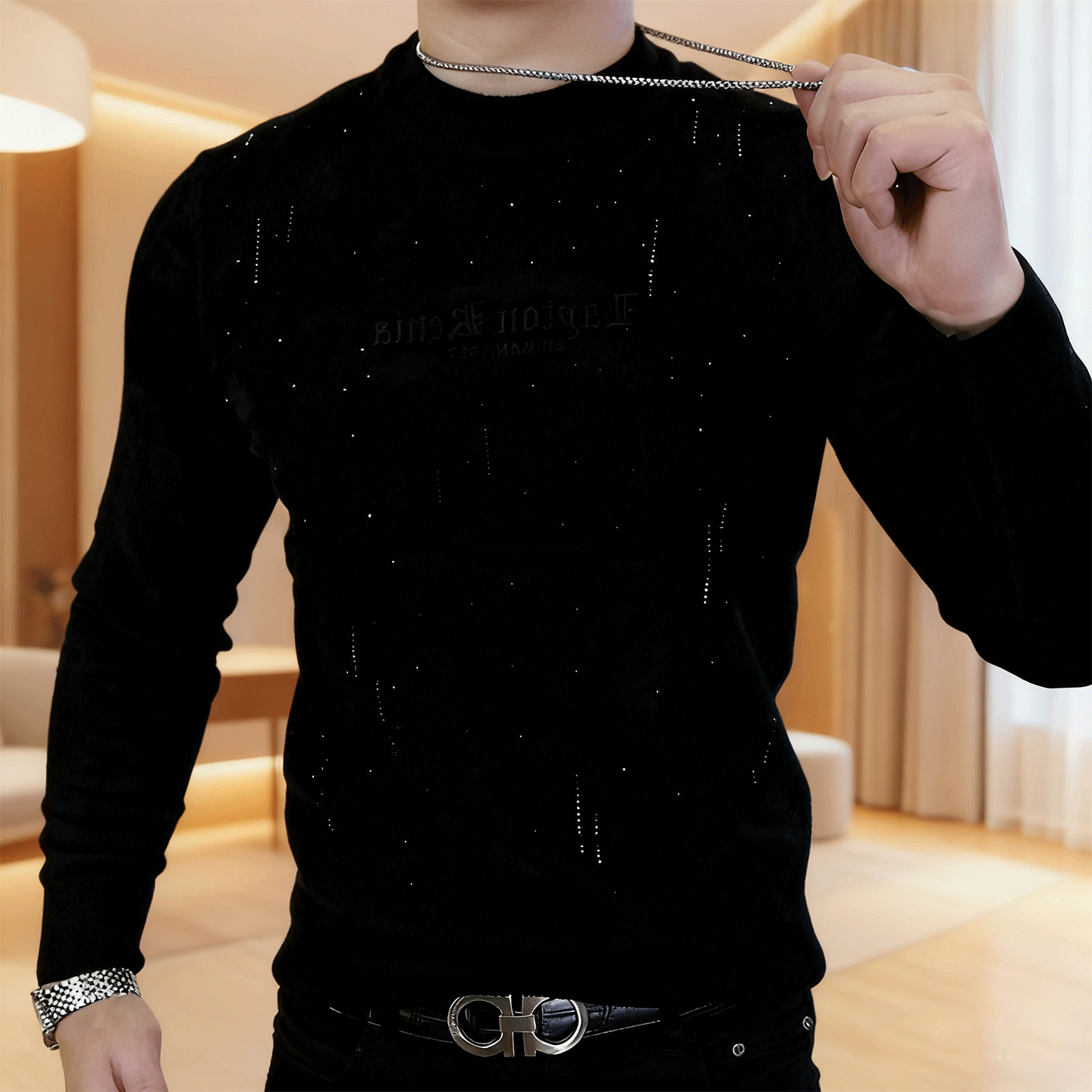 秋冬季新款针织衫烫钻修身型打底衫圆领字母百搭潮牌高品质毛衣