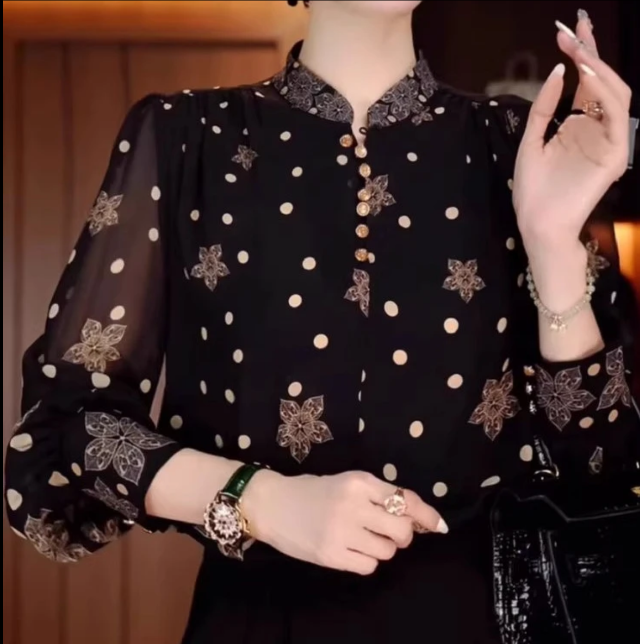 2025夏印花修身款显瘦长袖波点时尚衬衫气质百搭女士打底女装小衫