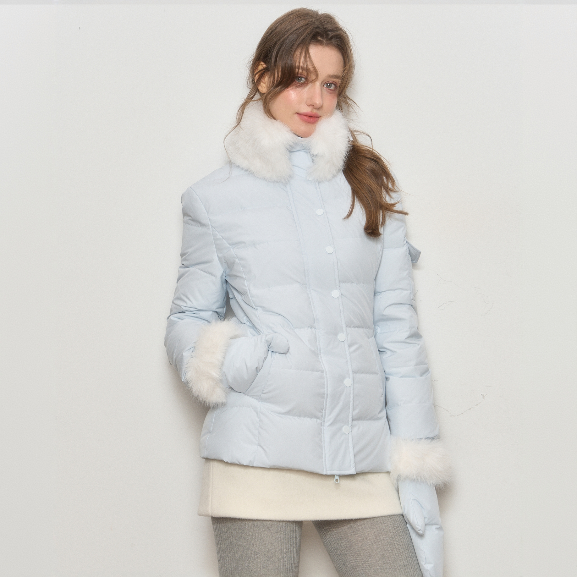 A1DS WPKD1高级感白鸭绒小个子毛领收腰显瘦短款蓝色排骨羽绒服冬