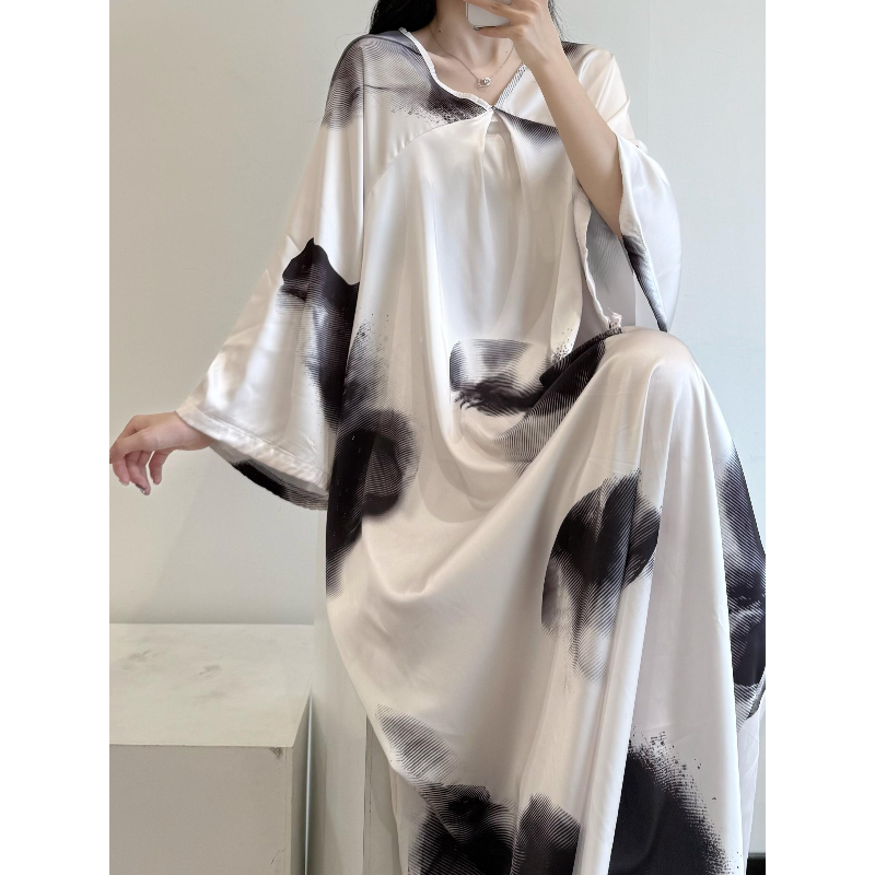 新中式国风水墨画长袖睡裙女夏季新款小众设计感V领连衣裙家居服