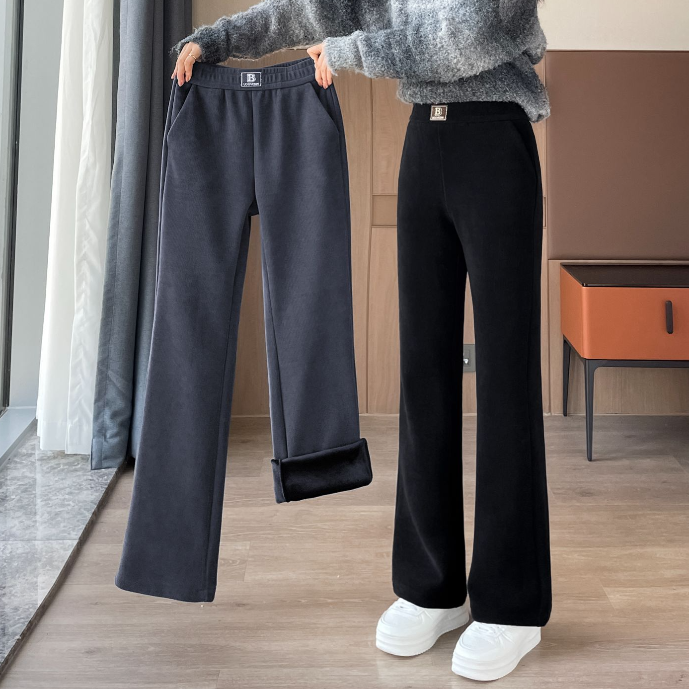 雪尼尔微喇裤女秋冬季特厚加绒喇叭裤加厚直筒灯芯绒羊羔绒女裤子