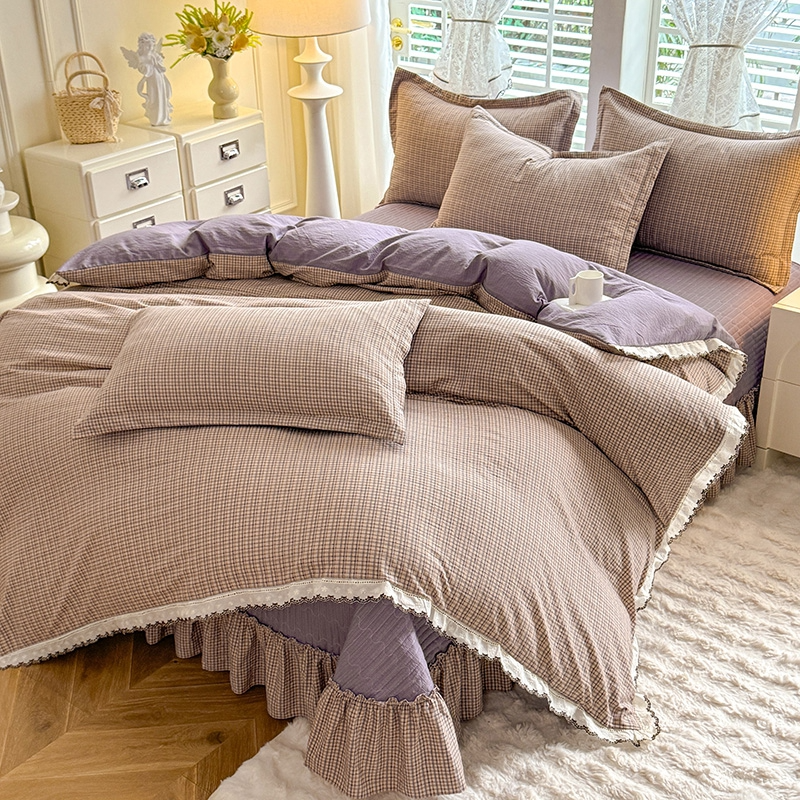 A类新款全棉镂空双色刺绣花边法式床盖款棉麻四件套公主风加厚