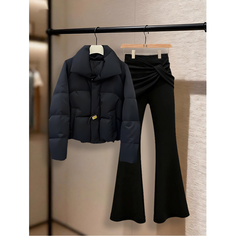 2025冬季新款痞帅时尚气质两件套装保暖棉服设计感微喇裤女装爆款