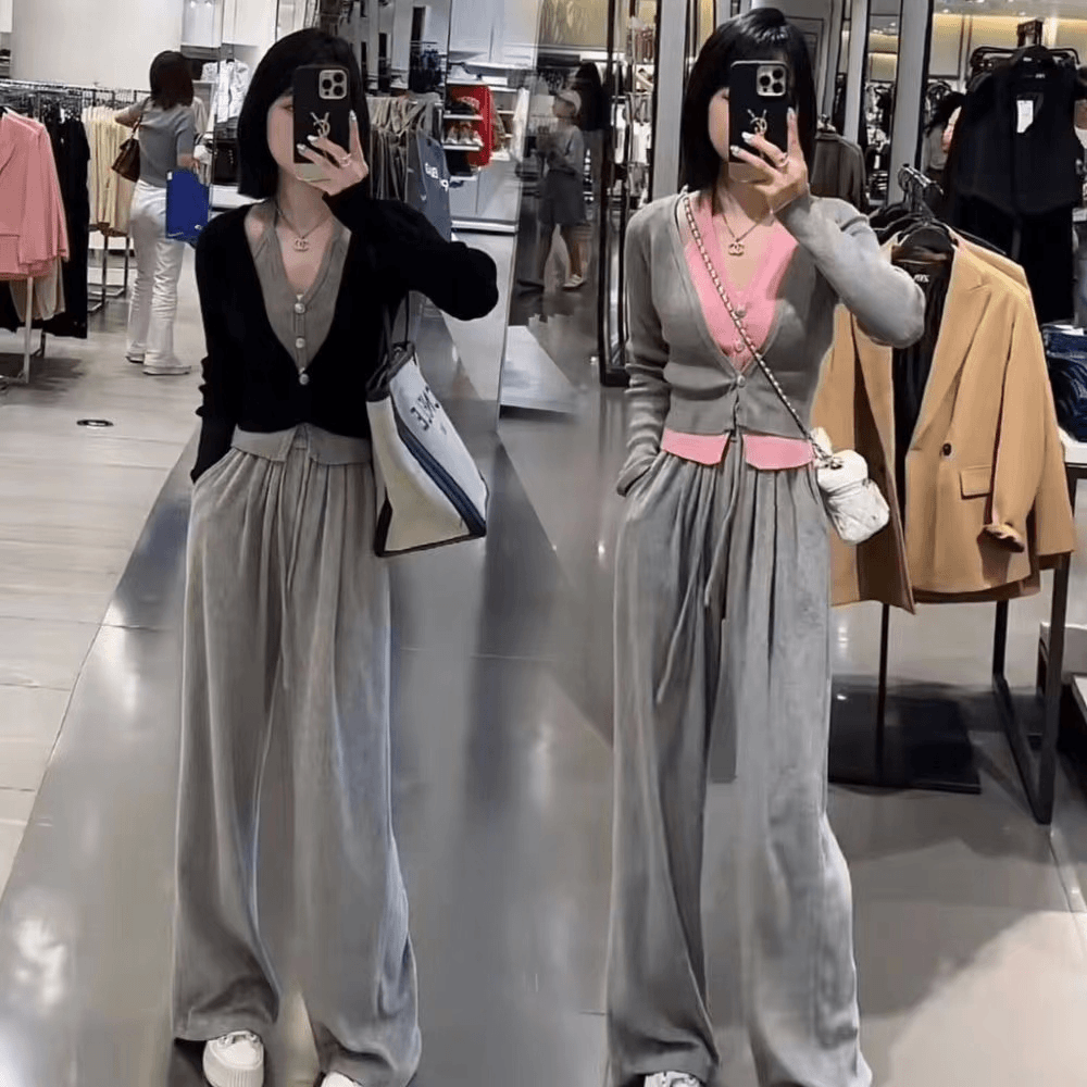 早秋穿搭一整套2024新款茶系穿搭假两件上衣+休闲裤时尚运动套装