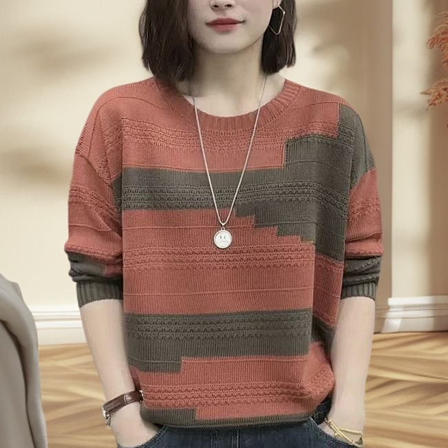 春季圆领拼色针织衫女毛衣上衣打底撞色条纹宽松时尚洋气显瘦长袖