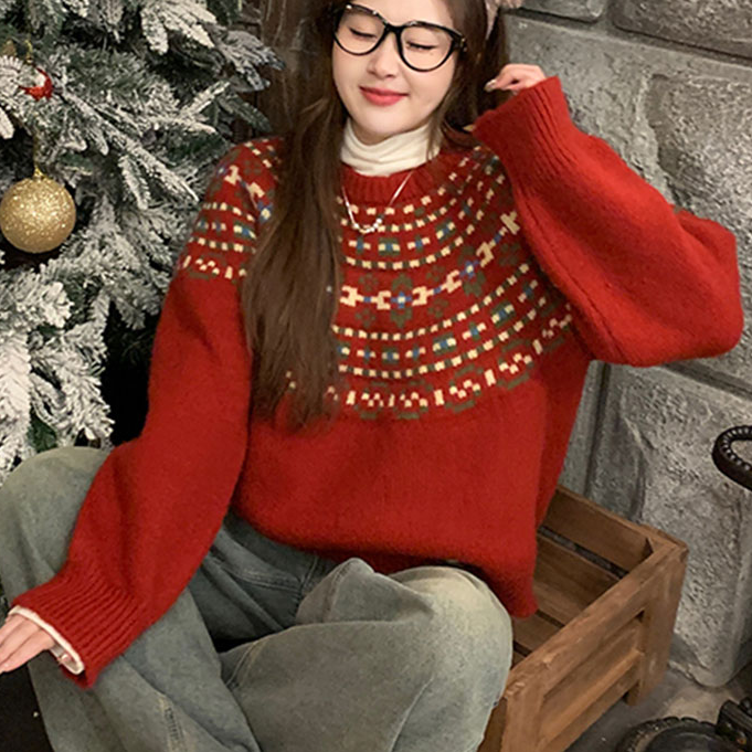 费尔岛风复古红色针织上衣女秋冬2025新款圣诞穿搭慵懒风软糯毛衣