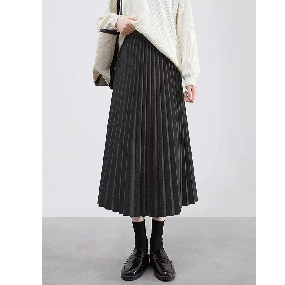 【悠然自乐】秋冬新款纯色毛呢百褶裙女韩版A字裙半身裙大摆裙