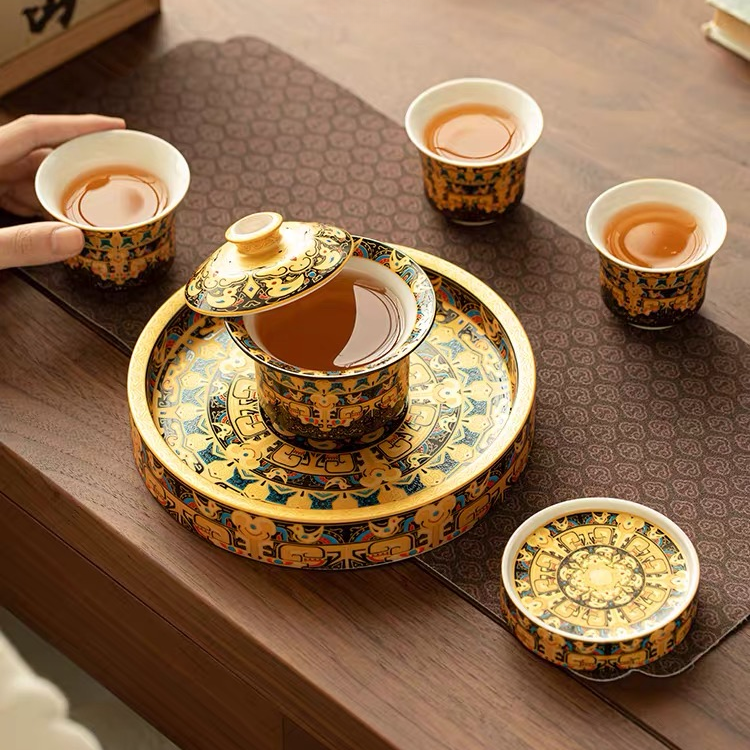 唐卡悬停盖碗鎏金珐琅彩大壶承复古陶瓷泡茶功夫茶具喝茶杯宫廷风