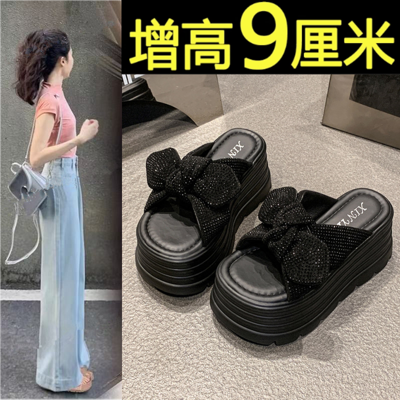水钻凉拖外穿鞋女鞋2025网红蝴蝶结一字拖百搭厚底沙滩拖鞋