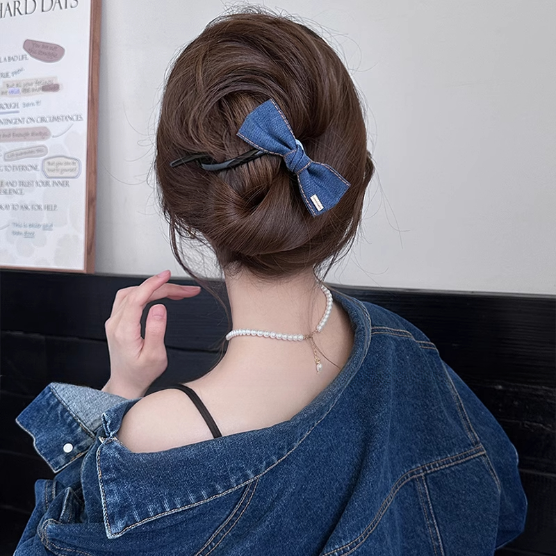 韩式牛仔蝴蝶结一字扭扭夹发夹女后脑勺盘发抓夹子高级感气质头饰