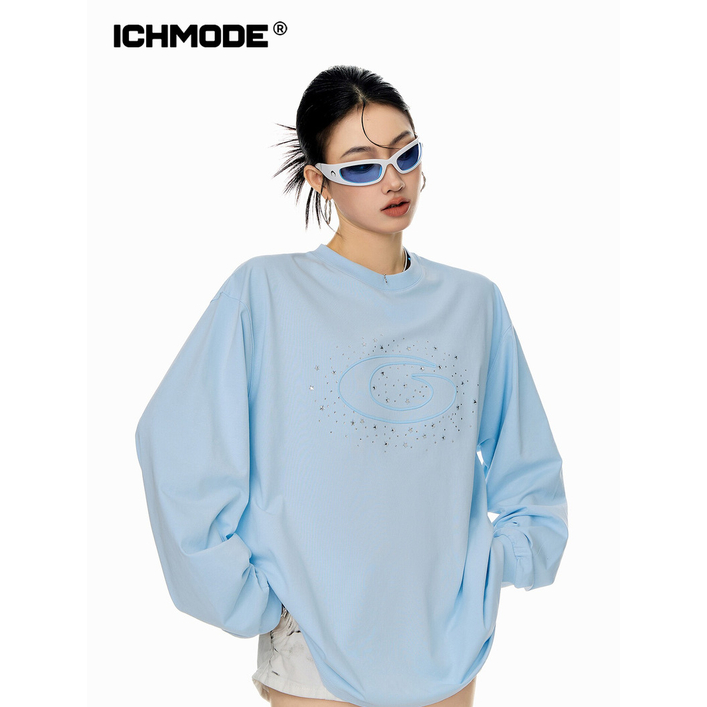 ICHMODE美式烫钻长袖T恤女秋设计上衣运动针织时尚休闲情侣宽松