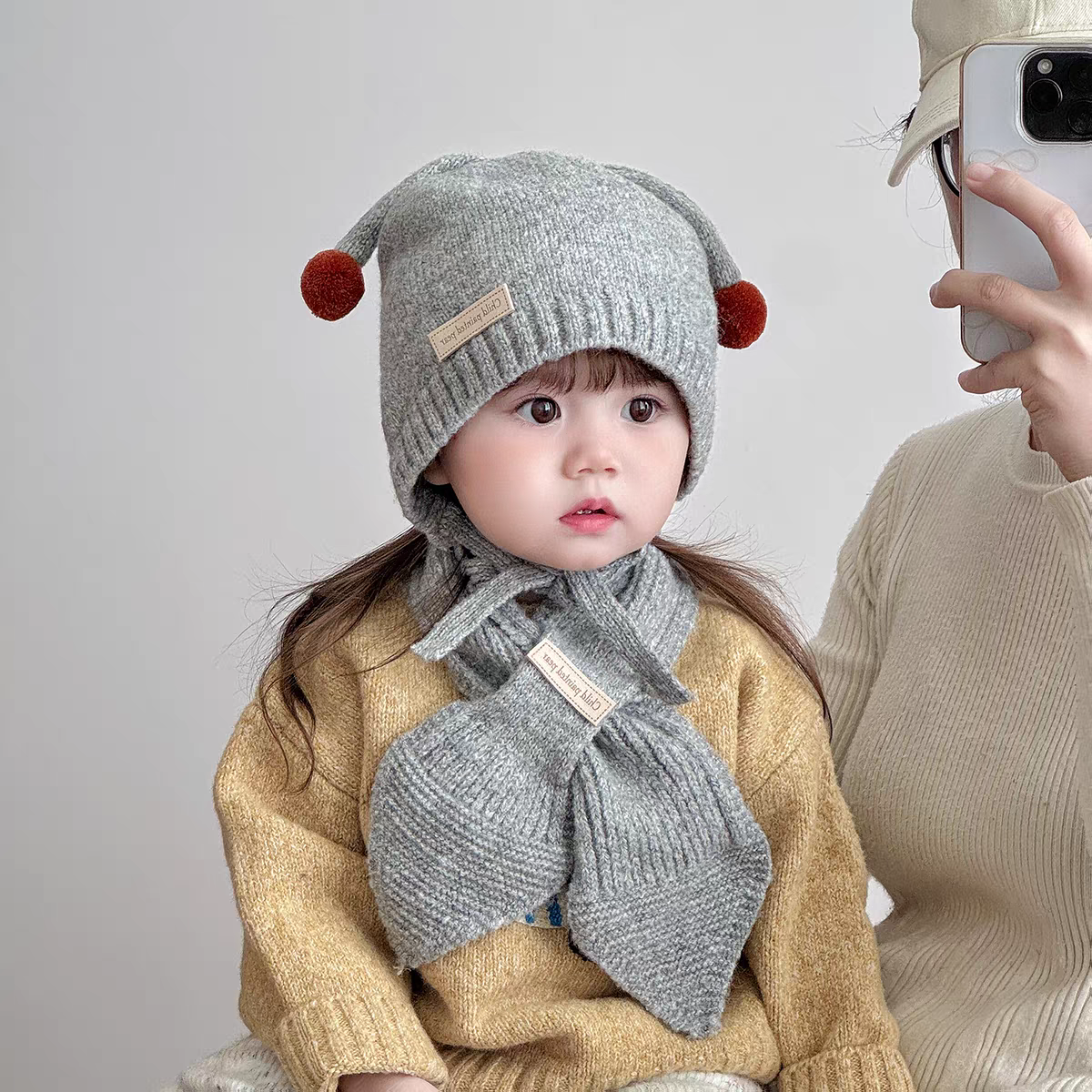 宝贝帽子冬天毛线帽围巾套装婴幼儿可爱韩版超萌加厚保暖护耳帽潮