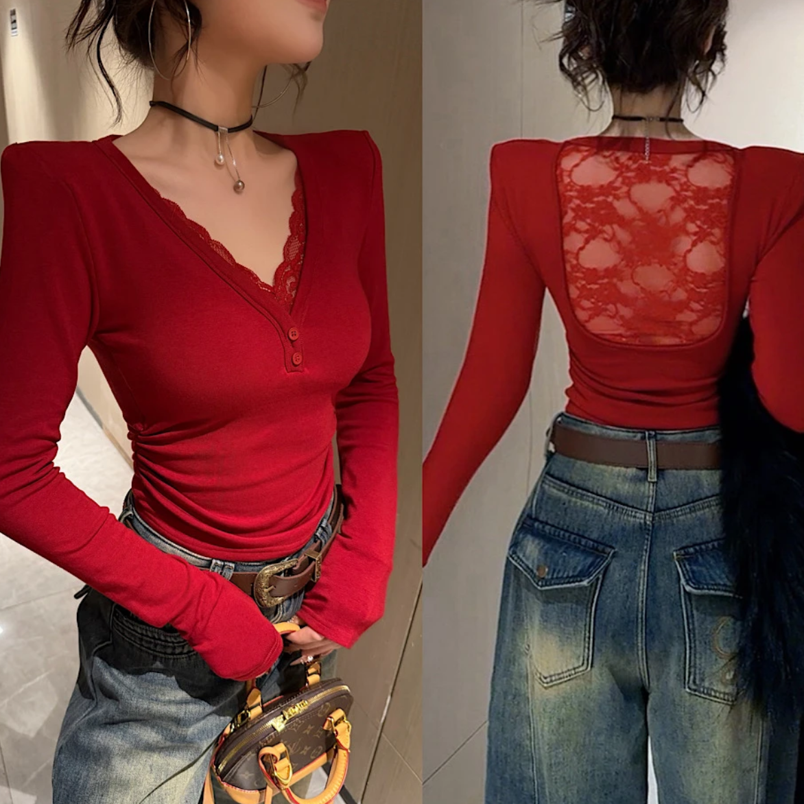 【双面蕾丝】纯欲性感秋冬新款百搭设计感后露背拼蕾丝V领加绒上衣