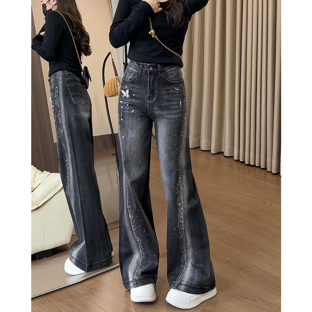 249蝴蝶烫钻牛仔裤女秋季高腰不贴腿弹力喇叭阔腿垂感拖地长裤子