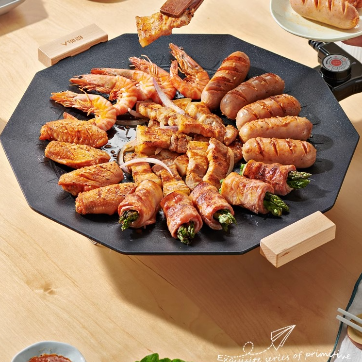 原始人圆形烤盘户外露营铁板烧烤麦饭石韩式家用卡式炉烤肉