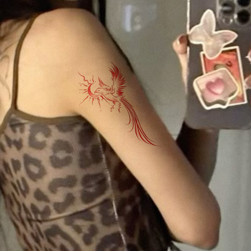 国风彩色凤凰锦鲤莲花图案纹身贴贴纸防水持久可水洗高颜值