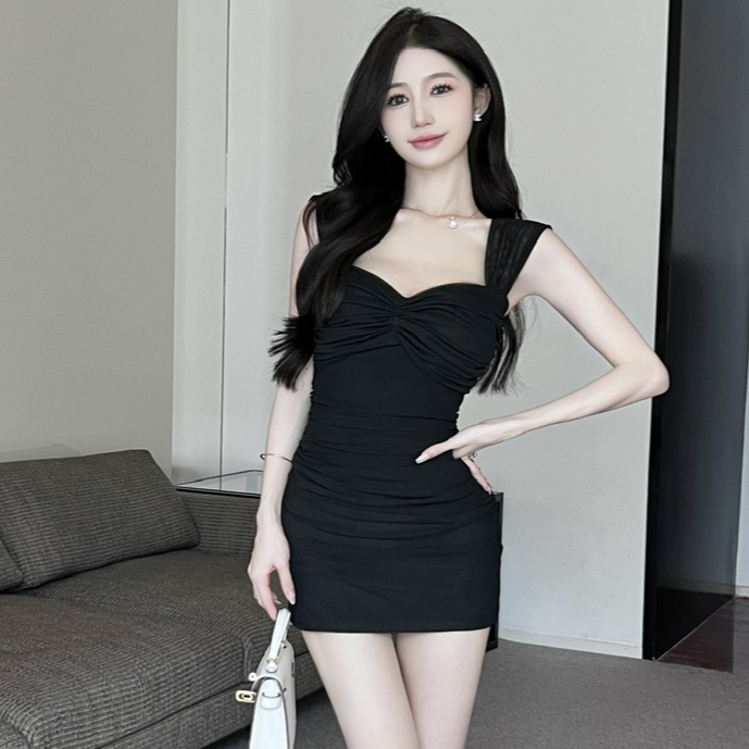 法式气质风显瘦修身背心包臀连衣裙御姐性感辣妹网纱褶皱包臀短裙