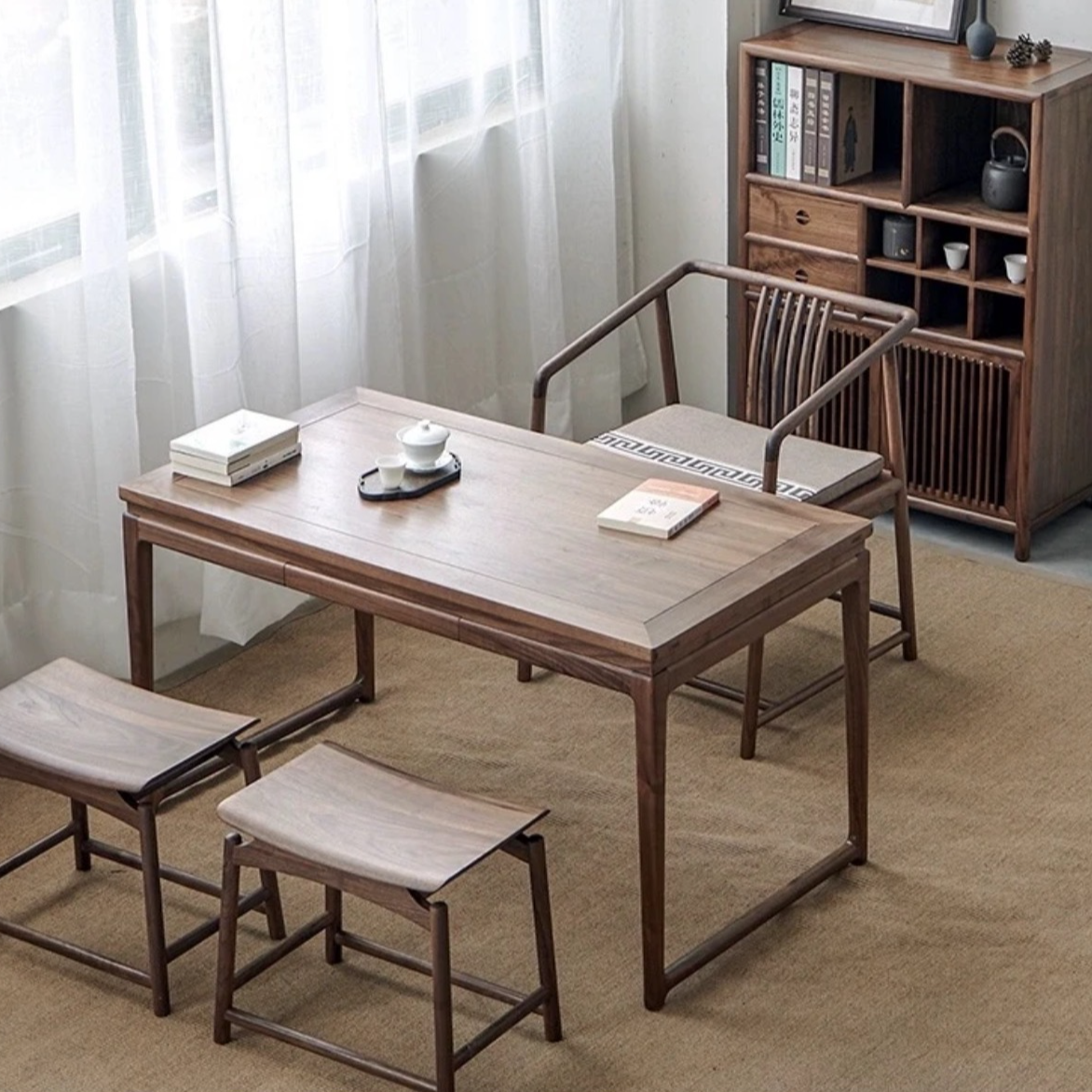 【新中式茶桌】北美黑胡桃桌茶桌书桌电脑桌阳台茶室书房客厅高端