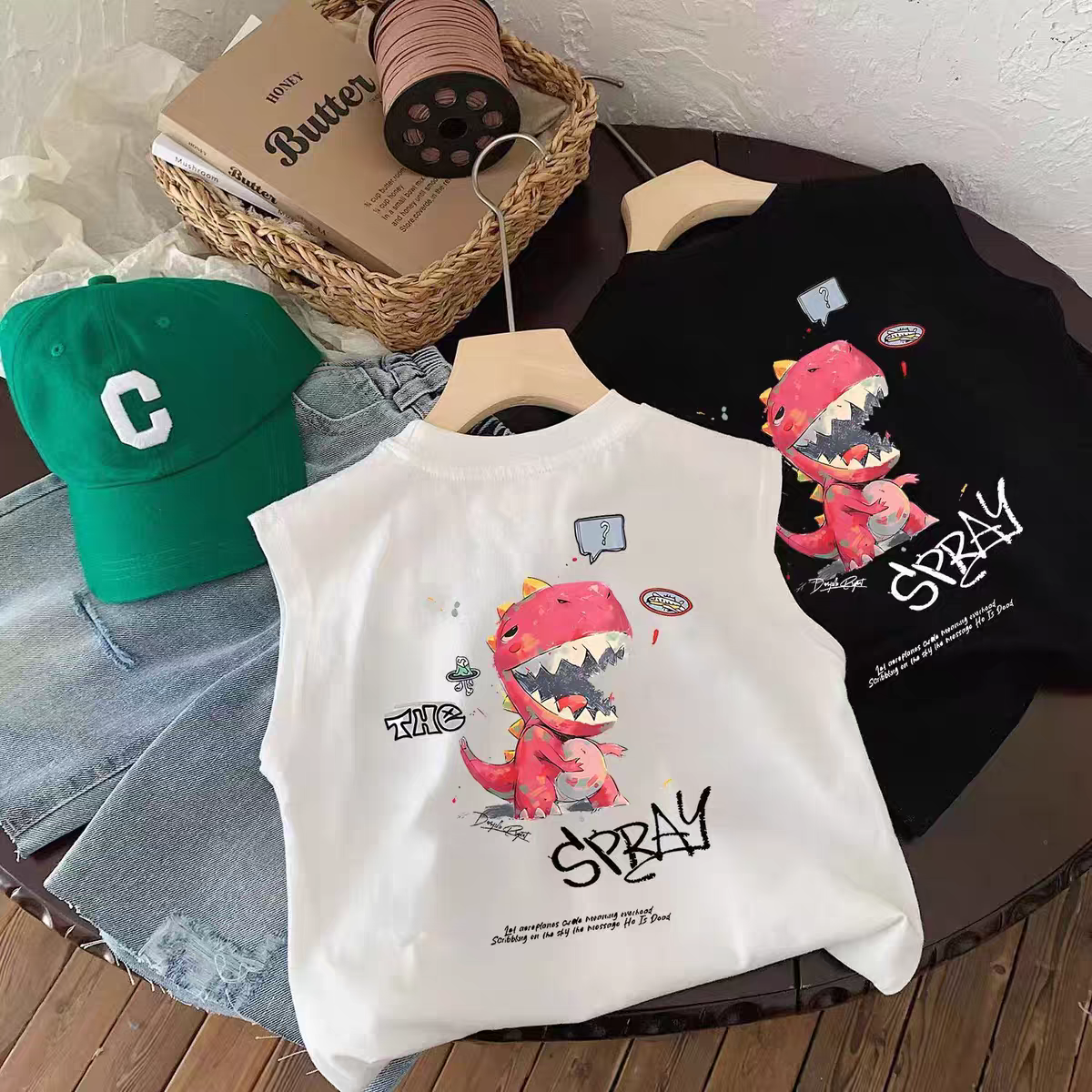 2025夏季新款儿童坎袖背心男童恐龙印花无袖T恤小童宝宝夏装潮