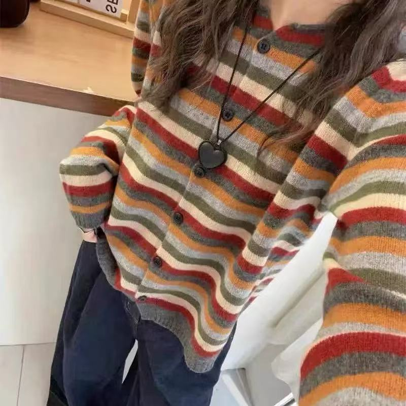 韩系圆领长袖彩色条纹针织开衫女秋冬新款洋气百搭上衣潮1018-2