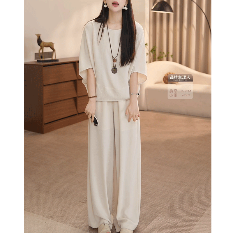 老钱风轻奢感套装2025早秋新款宽松七分袖圆领上衣阔腿裤一整套