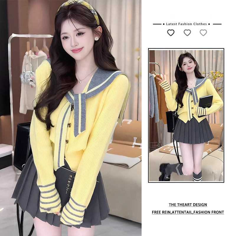 秋季学院风穿搭女2025新款减龄甜美海军领针织开衫搭百褶裙两件套